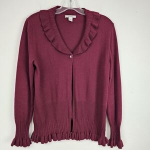Dress Barn Wine Cardigan Ruffle Accents Ribbed Knit Trim Sz M FeminineRomantic